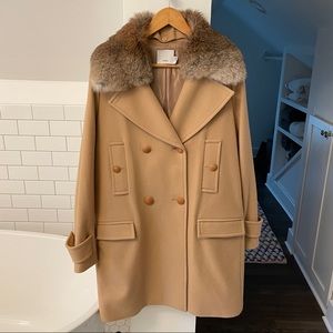 VINCE WOOL BLEND CAMEL COAT W/ RABBIT FUR COLLAR SZ 12